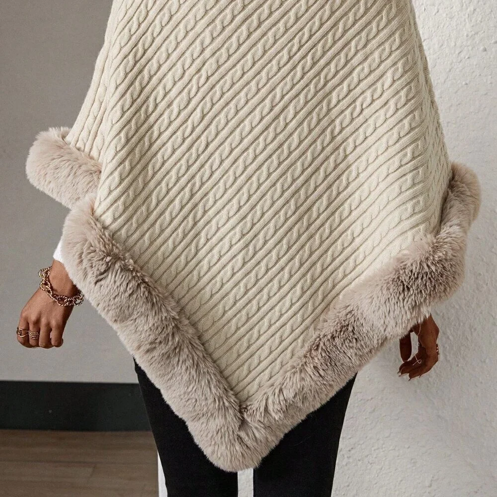Apricot Casual Women's Turtleneck Fuzzy Trim Batwing Sleeve Poncho Sweater